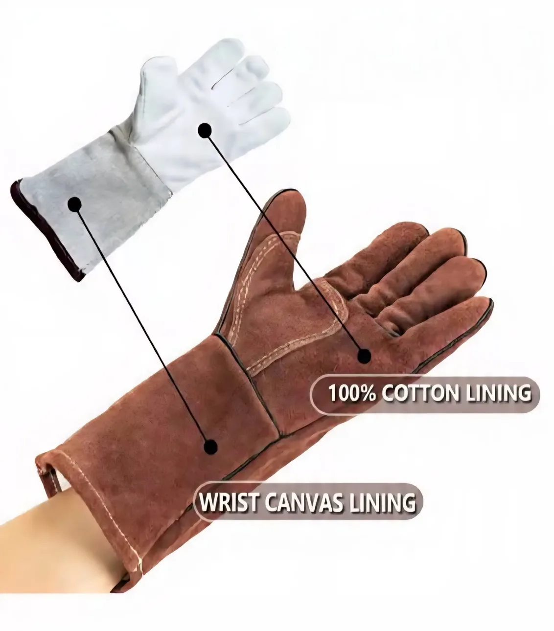 14" Cowhide Welding Gloves, MIG & Multi-Use, 662°F Heat Resistant, Cotton-Lined Gauntlet, Brown - uSetGo 2