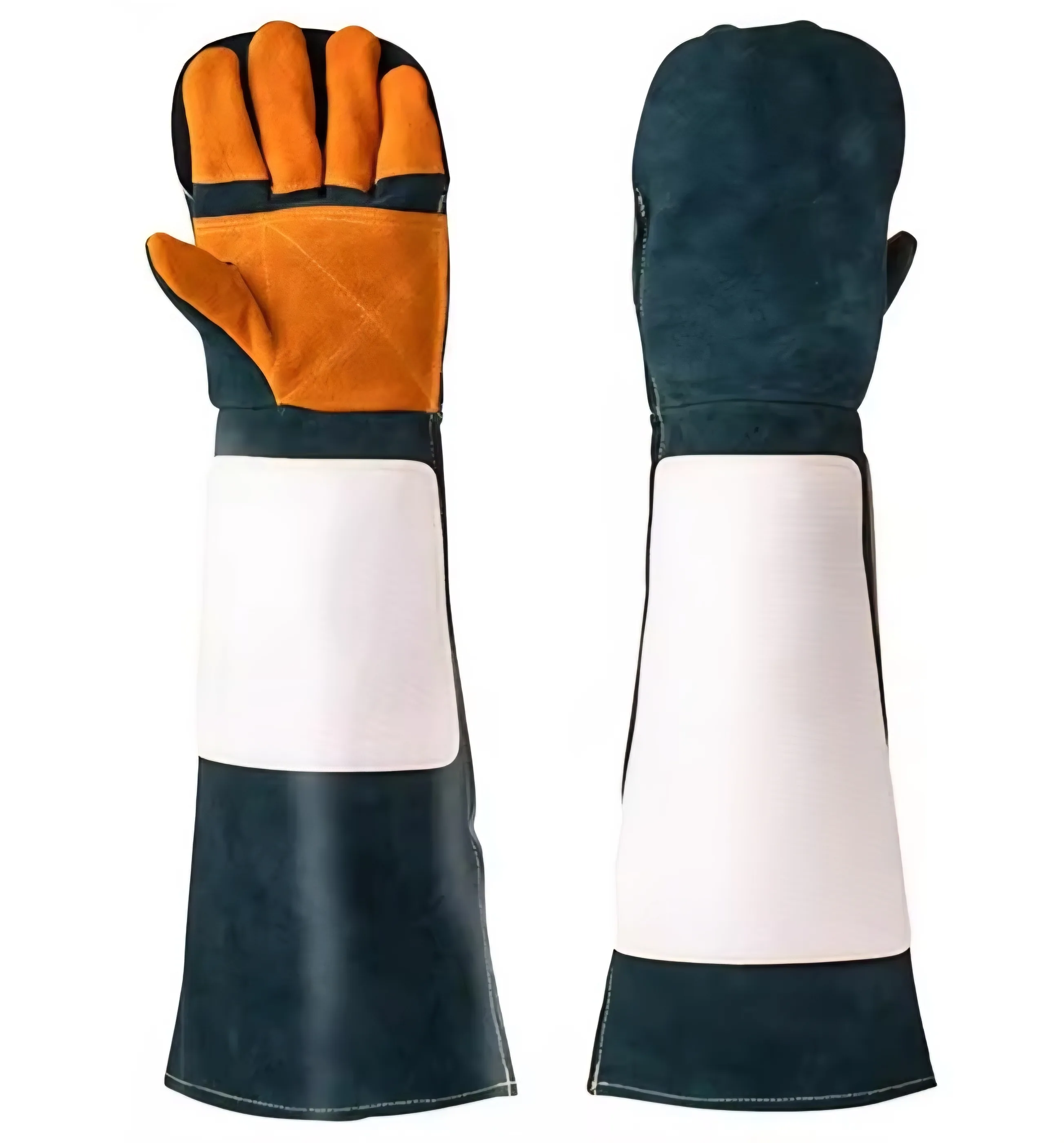 23" Multi-Functional Cowhide Ultra-Long Leather Anti-Bite Protection Animal Handling Gloves, Double-Layer Orange and Green