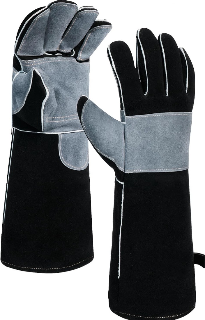 16" Cowhide Welding Gloves, MIG Stick & Blacksmith, 932°F Heat Resistant, Double-Layer Full Palm & Fingers Covering, Gray & Black