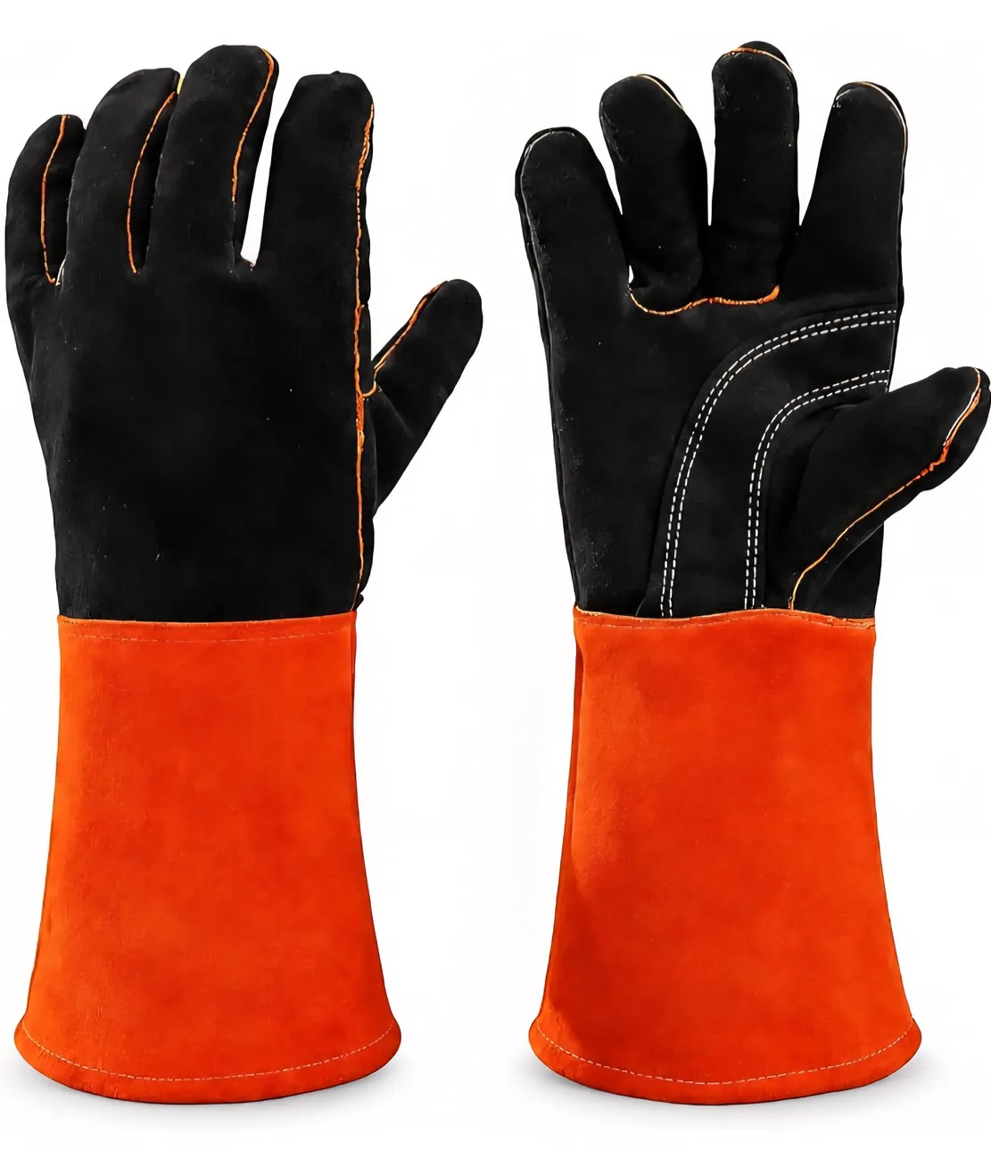 13.3" Cowhide Welding Gloves, MIG Stick & Blacksmith, 932°F Heat Resistant, Double-Layer Wing Thumb Orange & Black
