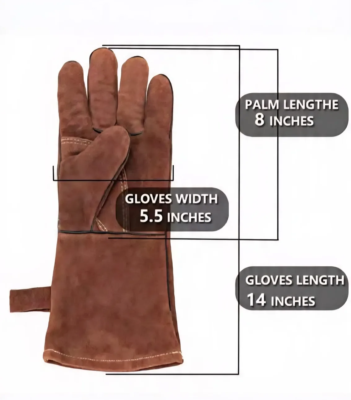 14" Cowhide Welding Gloves, MIG & Multi-Use, 662°F Heat Resistant, Cotton-Lined Gauntlet, Brown - uSetGo 3