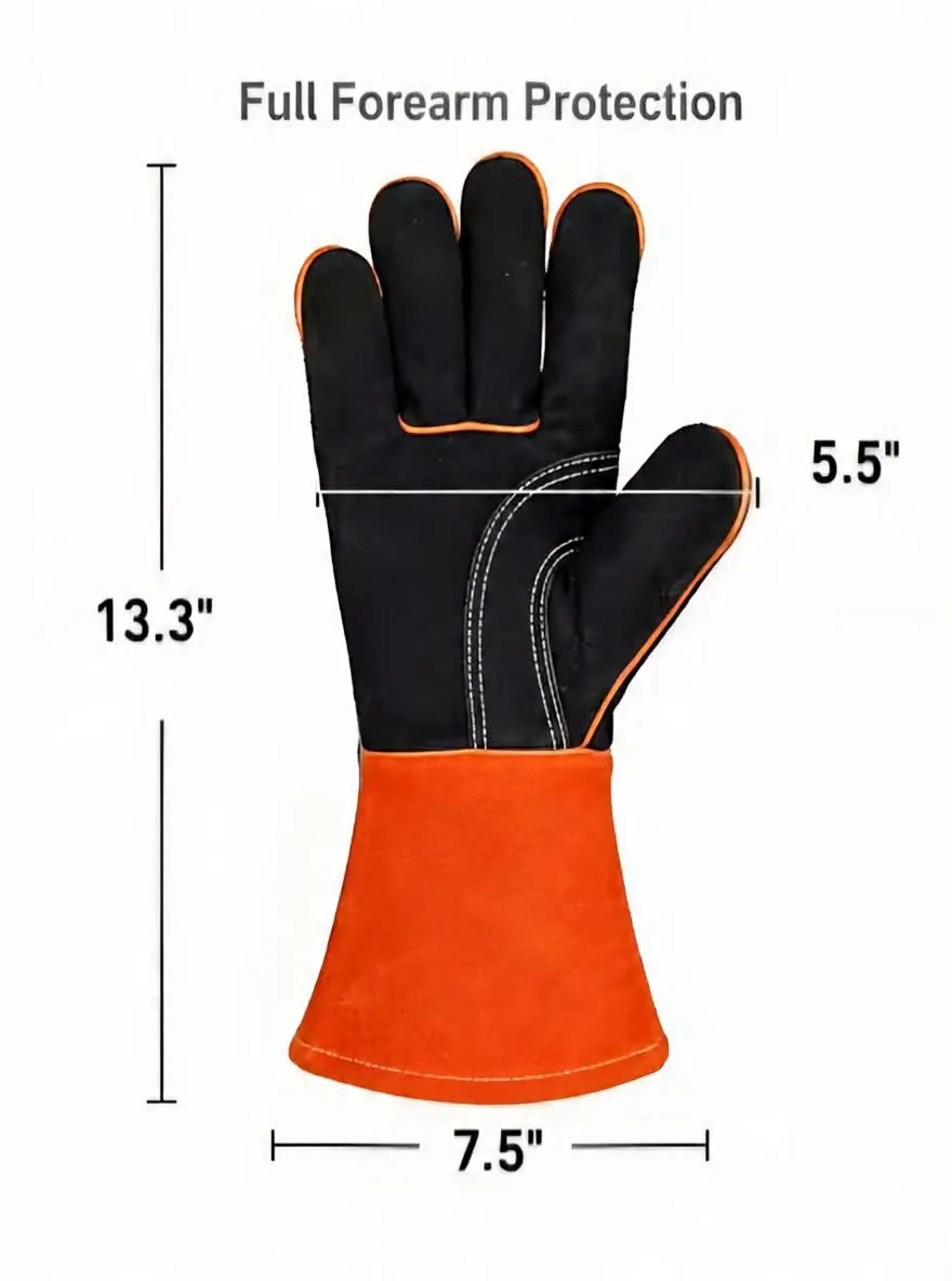13.3" Cowhide Welding Gloves, MIG Stick & Blacksmith, 932°F Heat Resistant, Double-Layer Wing Thumb Orange & Black 3