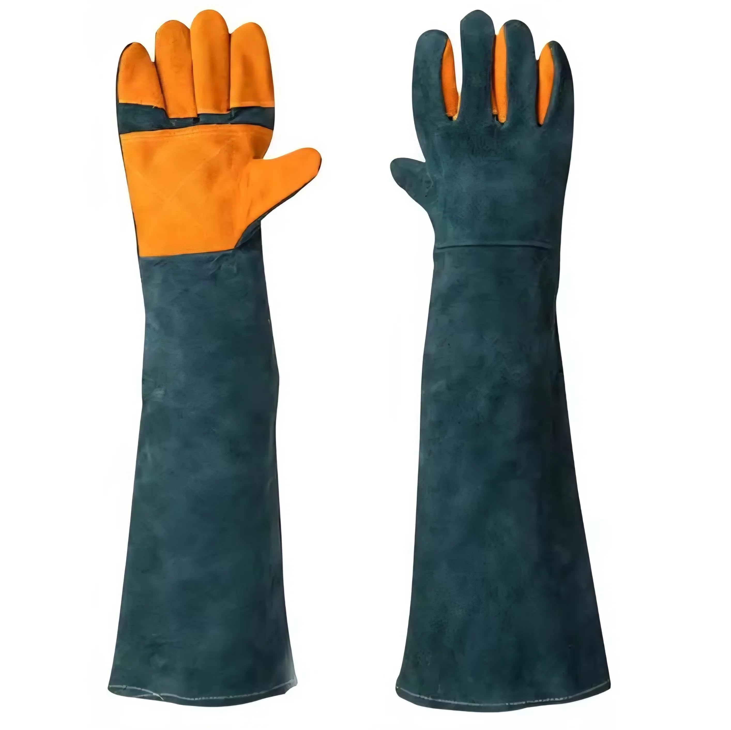 23" Multi-Functional Cowhide Ultra-Long Leather Anti-Bite Protection Animal Handling Gloves, Double-Layer Orange and Dark Green