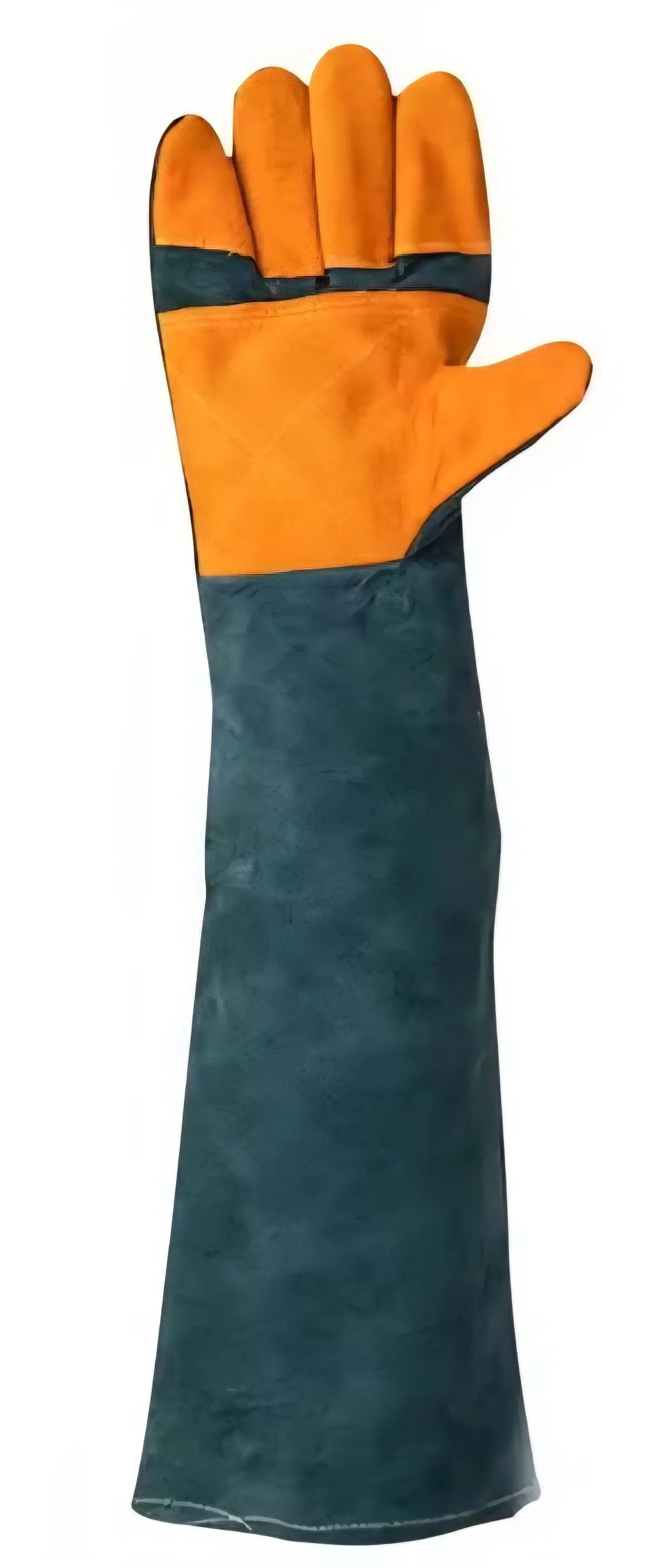23" Multi-Functional Cowhide Ultra-Long Leather Anti-Bite Protection Animal Handling Gloves, Double-Layer Orange and Dark Green 1