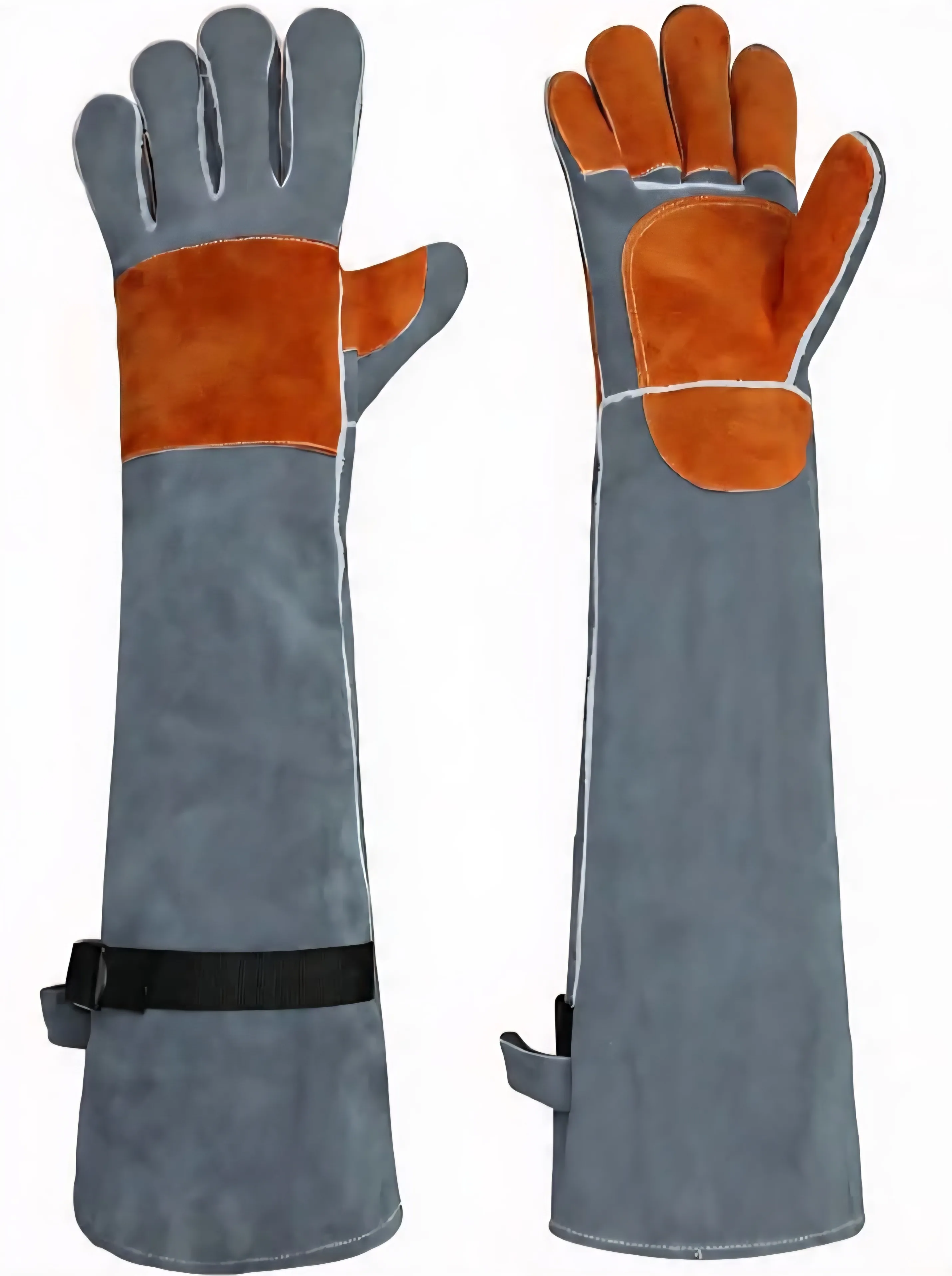 24" Multi-Functional Cowhide Ultra-Long Leather Anti-Bite Protection Animal Handling Gloves, Double-Layer Gray with Adjustable Buckle Belt